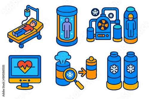 Cryonics Equipment Icons. Isometric vector illustration set Cryonics protocol: patient stabilization equipment, vitrification