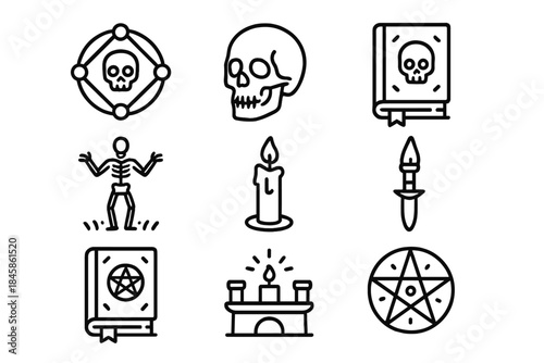 Occult Icons Collection. Line style icons of Occult Knowledge: Necromantic Circle, Skull, Forbidden Tome, Raising the Dead; Candle