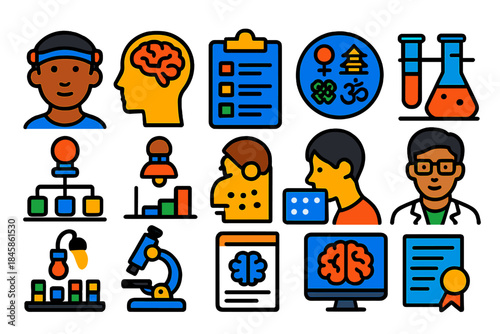 Cross-Cultural Brain Icons. Flat vector icons of cross-cultural brain studies: test subject, brain scan, questionnaire, cultural