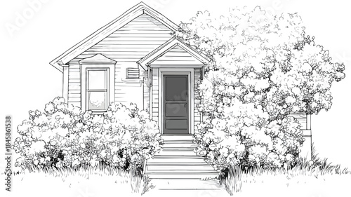 Beautiful House with Front Door and Flowering Bush in Front