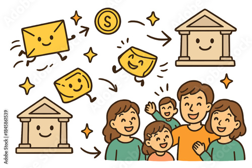 Playful Money Journey. Cheerful doodle remittance economy illustration with happy envelopes and coins traveling, cartoon banks