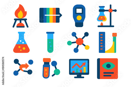 Pyrotechnic Analysis Icons. Flat vector icons of chemical analysis in pyrotechnics: flame test, spectroscopy, colorimeter,