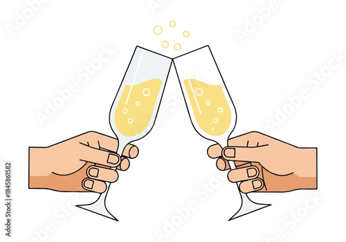 Two people raise champagne glasses in a cheerful toast, clinking together in a celebratory moment.