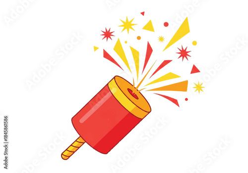 Colorful party popper bursting with bright confetti and festive sparks illustration.