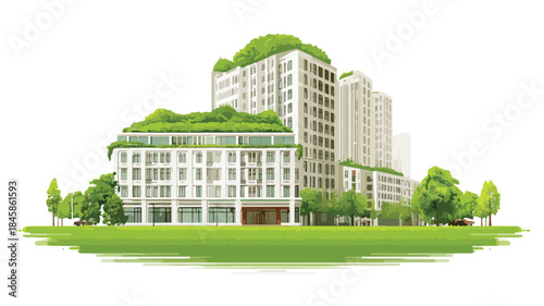 Modern High Rise Building with Green Roof - Architectural Design Concept