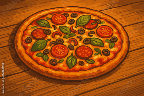 Rustic Pizza Delight. Rustic pizza with melted cheese, fresh basil, and vibrant toppings, served on a wooden vector illustration