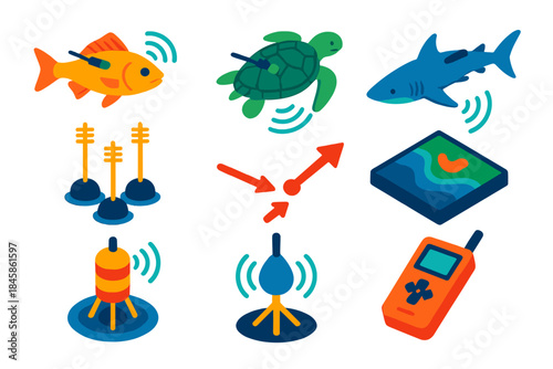 Marine Animal Tagging. Isometric vector illustration set Acoustic telemetry: tagged marine animals, underwater receiver arrays,