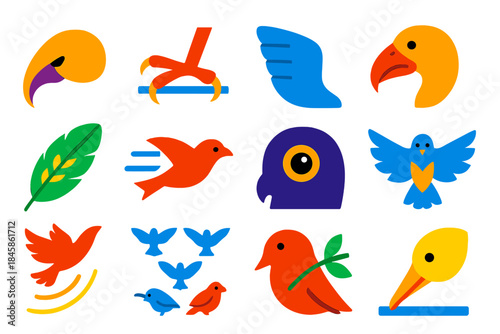 Bird Adaptation Icons. Flat vector icons of Bird Adaptations: curved beak, claw gripping wire, wings folded, scavenging beak,