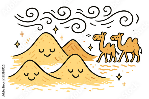Playful Desert Scene. Playful doodle desert landscape with smiling dunes, cartoon camels with faces walking, cheerful wind