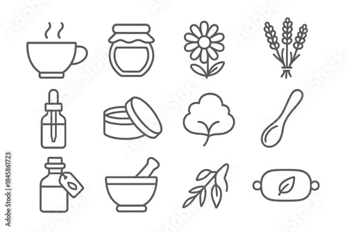 Herbal Remedy Icons. Line style icons of Herbal Remedies: Tea Cup, Honey Jar, Chamomile Flower, Lavender Bundle; Dropper Bottle,
