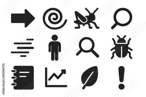 Behavioral Response Icons. Solid style icons of behavioral response tracking: arrow, spiral, cricket silhouette, motion lines,