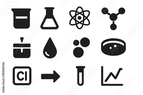 Marine Chemistry Icons. Solid style icons of Marine Chemistry: Beaker, Flask, Atom, Molecule, pH Scale, Droplet, Bubble, Test Dish