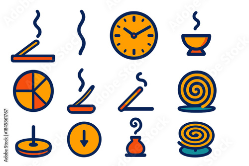 Modern Incense Icons. Flat vector icons of incense clocks: burning incense stick, smoke trail, time markers, holder tray, aroma