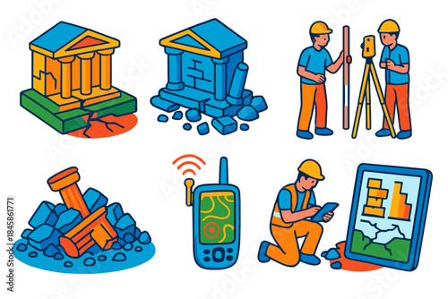 Archaeoseismology Illustration Set. Isometric vector illustration set Archaeoseismology: ancient temples with wall offsets,