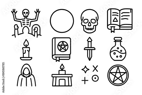 Occult Ritual Icons. Line style icons of Occult Ritual: Raising the Dead, Circle, Skull, Forbidden Knowledge; Candle, Spellbook,