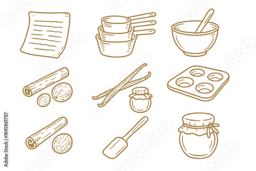 Vintage Cooking Icons. Line style icons of Vintage Cooking Notes: Yellowed Paper, Rare Condiment, Handwritten Script, Taste Recall
