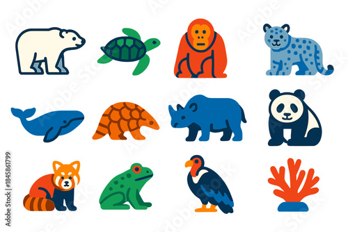 Endangered Species Icons. Flat vector icons of Endangered Animals: polar bear, sea turtle, orangutan, snow leopard, blue whale,