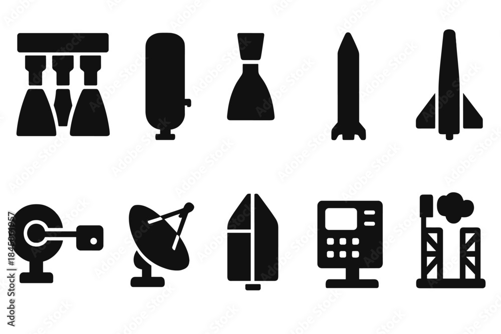 Fototapeta premium Rocket Mechanics Icons. Solid style icons of Rocket mechanics: booster engine, fuel tank, nozzle, fin assembly, ignition switch,