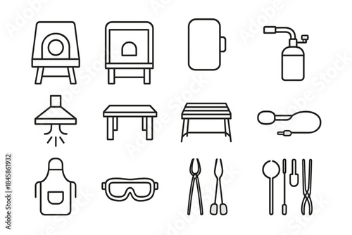 Glassblowing Tools Icons. Line style icons of hot shop environment: glory hole furnace, annealing oven, protective shield, gas