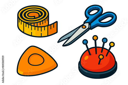 Tailoring Tools Icons. Isometric vector illustration set Tailoring Studio Tools: Measuring tape coiled on table, fabric shears