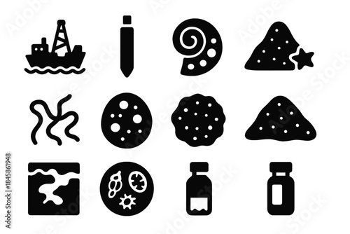 Ocean Sediment Icons. Solid style icons of ocean sediments: deep-sea drill ship, core barrel, foraminifera shell, diatom ooze,