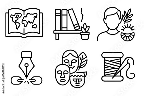Post-Colonial Icons. Line style icons of Post-Colonial Literature: open book with map, decolonized bookshelf, writer with heritage