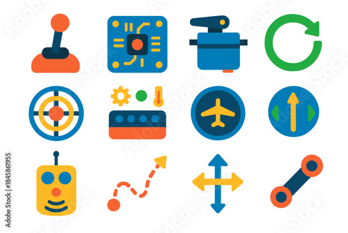 Ornithopter Control Icons. Flat vector icons of ornithopter control systems: joystick, flight controller, servo motor, feedback
