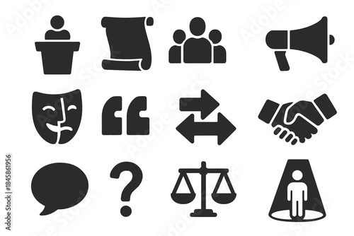 Rhetoric Icons Set. Solid style icons of rhetoric and persuasion: speech podium, open scroll, audience crowd, megaphone, debate