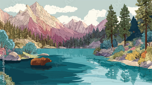 Scenic Mountain Landscape with Bear Swimming in Water Vector Illustration