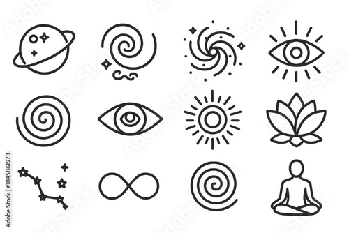Psychedelic Cosmic Icons. Line style icons of psychedelic cosmology: universe, fractal, galaxy, consciousness; spiral pattern,