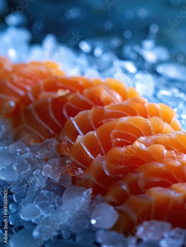 Delicate salmon sashimi placed carefully on crushed ice, offering a fresh and appetizing appearance to seafood lovers.