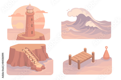 Sunset Lighthouse Icons. Isometric vector illustration set Sunset Lighthouse Point: tall red lighthouse, crashing waves, cliff