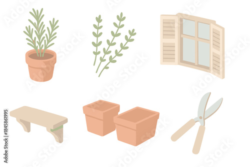 Morning Kitchen Garden. Isometric vector illustration set Morning Kitchen Garden: rosemary pot, thyme sprigs, terracotta planters,