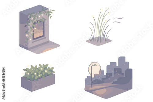 Living Facade Corridor. Isometric vector illustration set Living Facade Corridor: building wall with glowing ivy, fiber filaments,