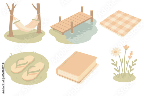 Lakeside Reading Retreat. Isometric vector illustration set Lakeside Summer Reading: hammock near pier, water reflection, picnic