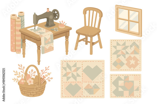 Quilt Workshop Scene. Isometric vector illustration set Country Quilt Workshop: sewing table, fabric rolls, stitched patterns,