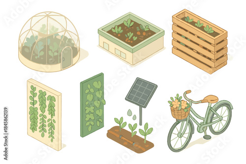 Eco Urban Living Icons. Isometric vector illustration set of Eco Urban Living: smart greenhouse pod, rooftop vegetable beds,