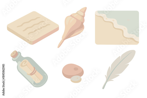 Beach Writing Scene. Isometric vector illustration set of Beach Writing Scene: sand surface with written poem lines, seashell pen,