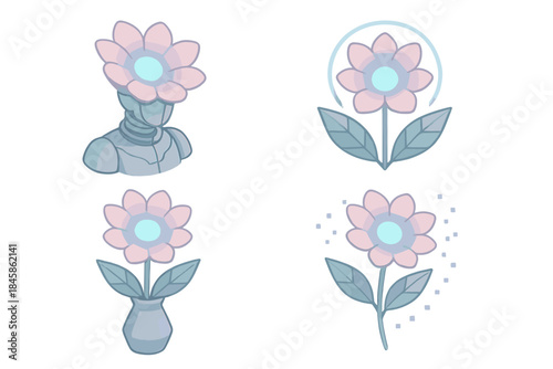 Futuristic Floral Portrait. Isometric vector illustration set of Futuristic Floral Portrait: robotic flower head, glowing eyes of