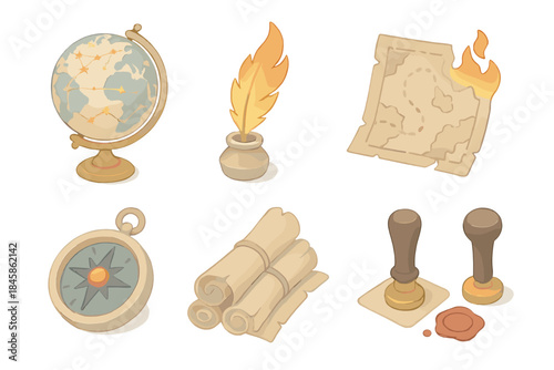Phoenix Cartography Studio. Isometric vector illustration set of Phoenix Cartography Studio: celestial globe, ink quill of flame,