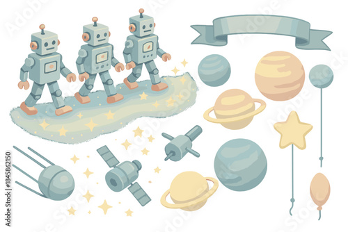 Celestial Robot Parade. Isometric vector illustration set of Celestial Robot Parade: marching tin robots, orbiting planets,