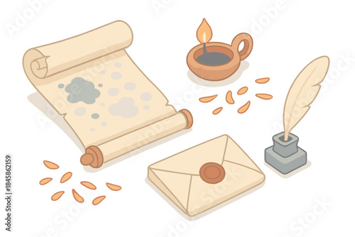 Nomadic Writer's Essentials. Isometric vector illustration set of Nomadic Writer’s Desk: ink-stained scroll, small clay lamp,