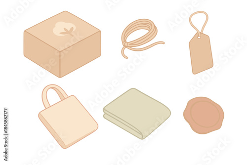 Eco-Friendly Packaging Design. Isometric vector illustration set of Eco Packaging Design: cardboard box with cotton logo, jute