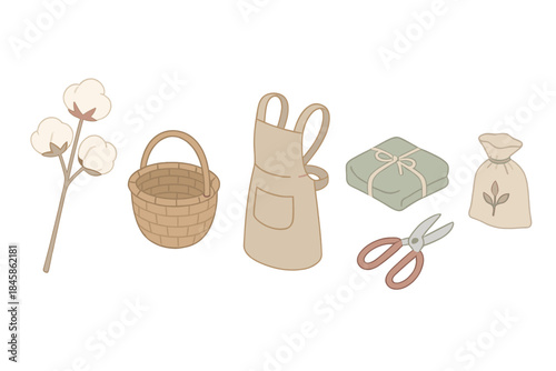 Sustainable Textile Icons. Isometric vector illustration set of Sustainable Textile Farm: cotton plant branch, wicker harvesting