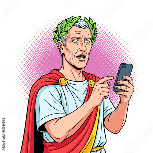 Julius Caesar reacting to smartphone screen, pop art flat vector illustration