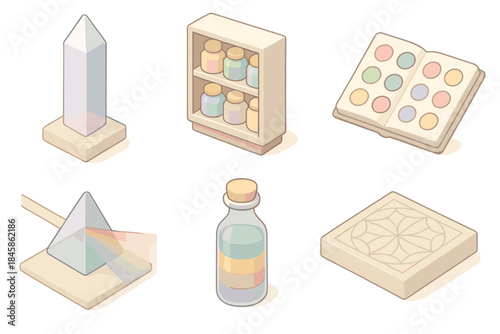 Color Archive Isometric Set. Isometric vector illustration set of Color Archive Hall: crystal prism tower, pigment jars on shelves