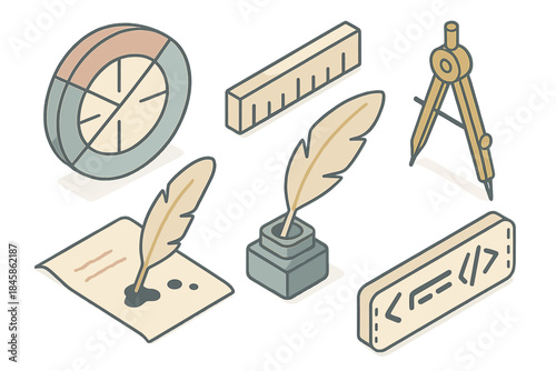 Symbolic Grammar Tools. Isometric vector illustration set of Symbolic Grammar Tools: syntax circle chart, alignment ruler, feather