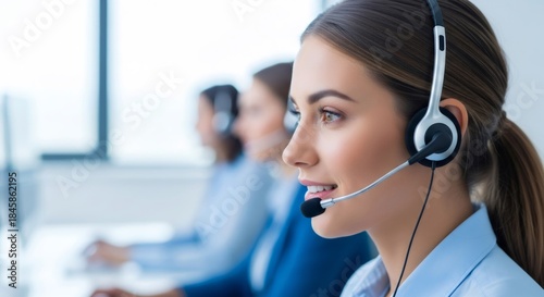 Woman call center agent wearing headset providing customer support. Business communication and technology concept for online service.