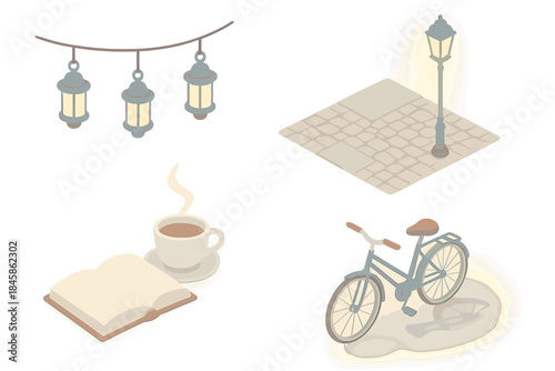 Quiet Street Icons. Isometric vector illustration set Quiet Street Melody: hanging lanterns on string, cobblestone crossroad, open
