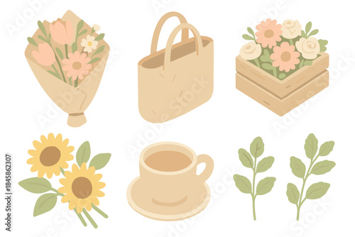 Weekend Bloom Market. Isometric vector illustration set Weekend Bloom Market: folded paper bouquet, woven tote bag, flower crate,